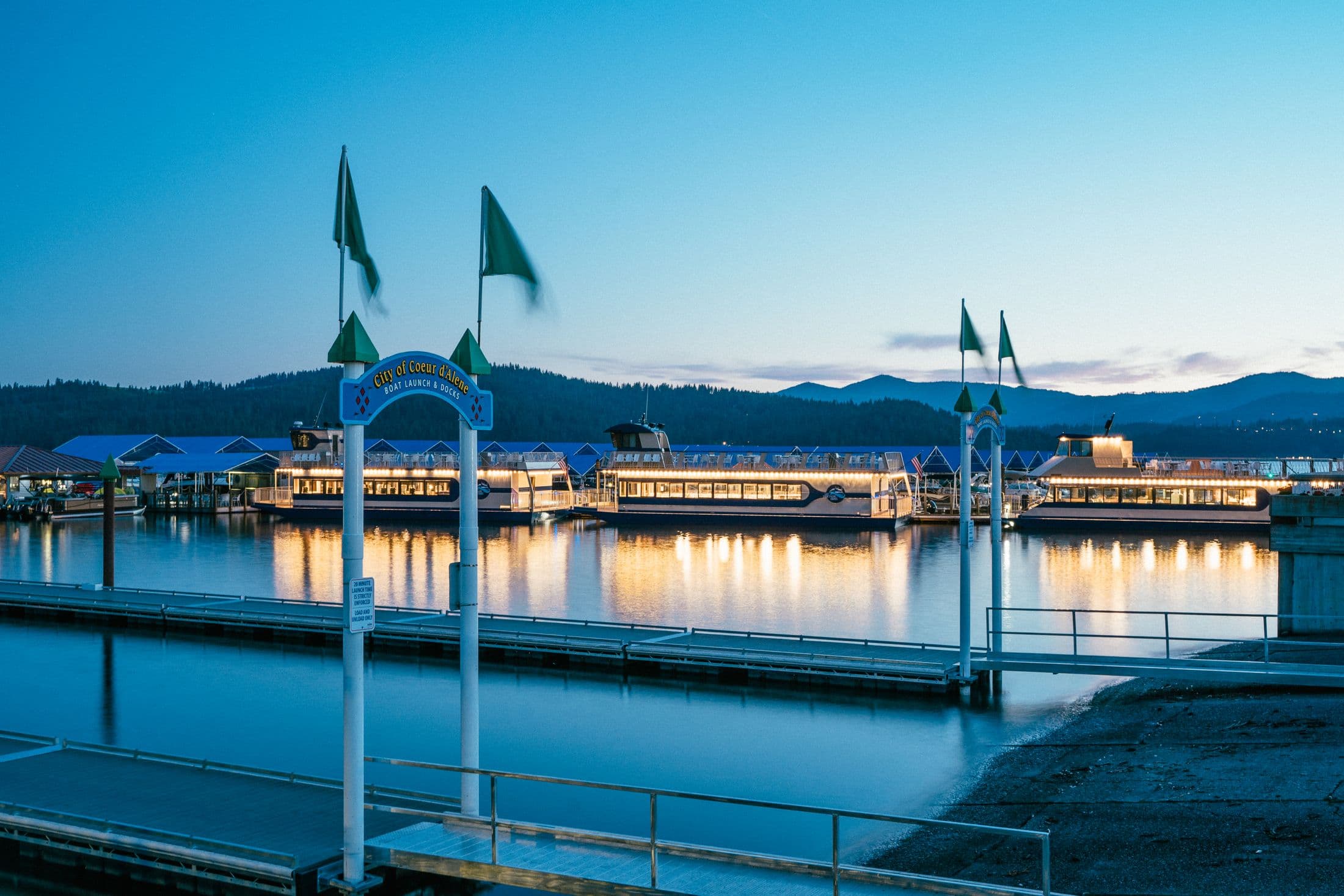 Coeur d’Alene marina lit at dusk
